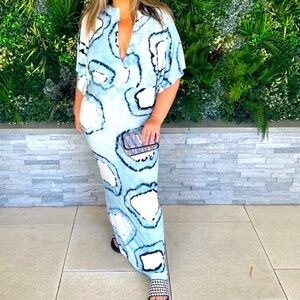 Norma Kamali Blue and White Patterned Dress